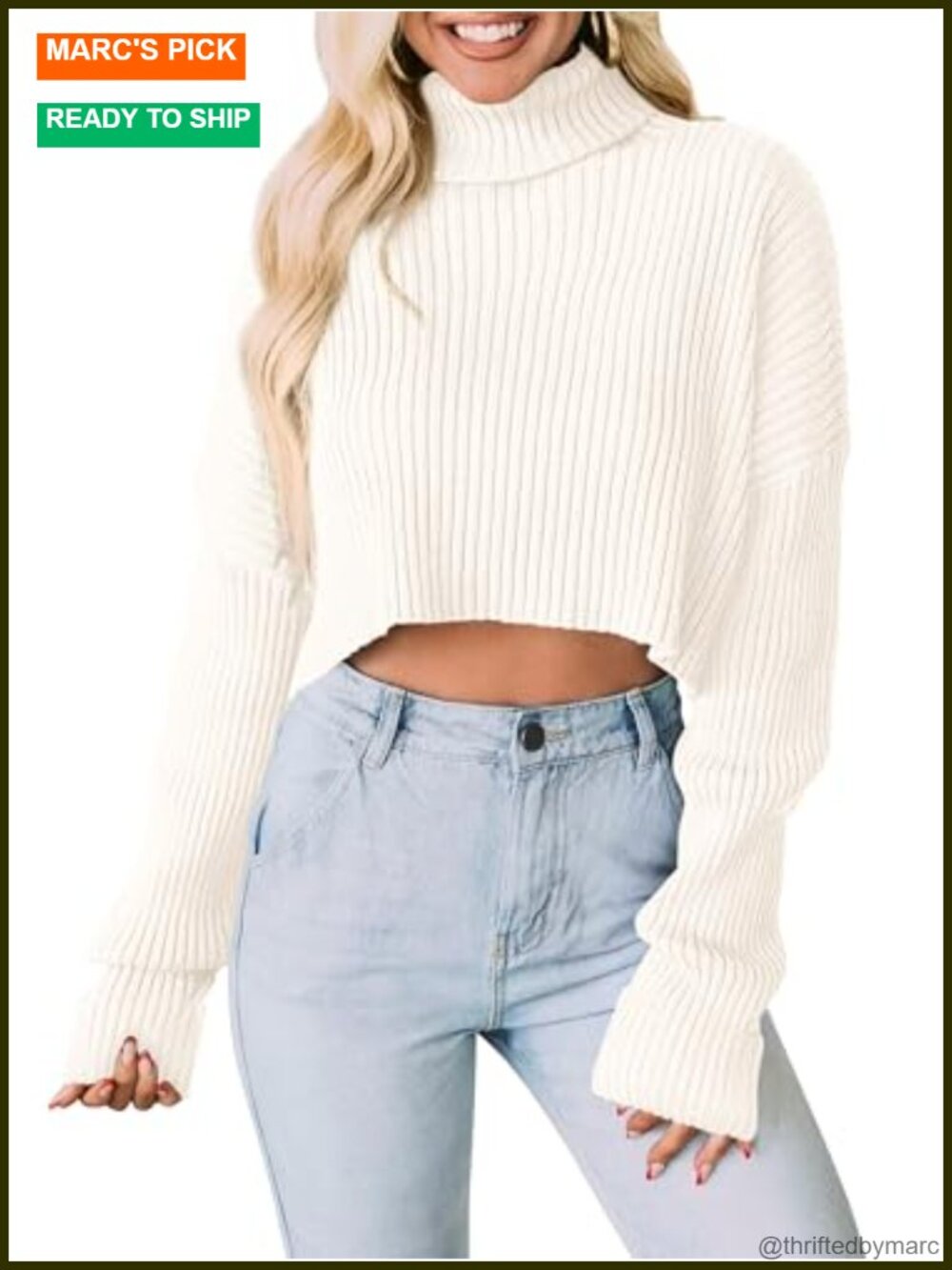 Cropped Turtleneck Sweater Long Sleeve Ribbed Knit Women's